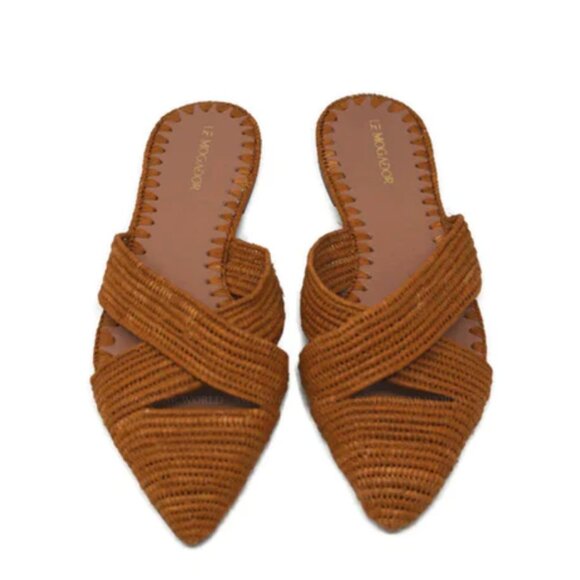 Le Mogador Azoulay Flats Slides Mules Womens 39 9 Tan Raffia Leather Slip On - Picture 1 of 10